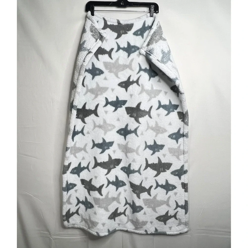 THRO Shark Baby Blanket 28x40 Loft Fleece Nursery Decor Gray White Monochrome